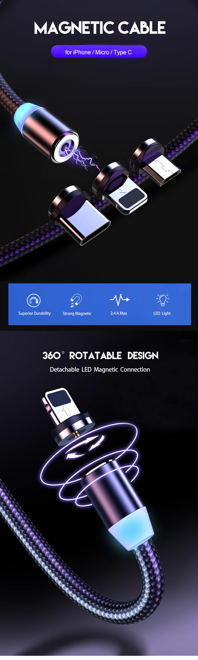 Celular Iman 3 en 1 2.4A Fast Charging Micro Type C USB Magnetic Cargador Cable for iPhone - ANKUX.COM