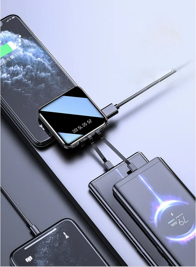 20000mAh Mirror Mini Power Bank Portable LED LCD Fast Charging slim Powerbank Quick Charge Mobile Charger with 3 in 1 cables
