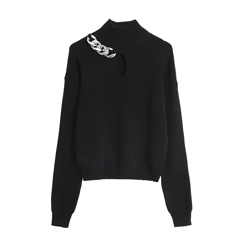 European Style Chain Decoration High-Neck Hollow Long-Sleeved Sweater Women's Loose Black Pullover Knitwear Top
European Style Chain Decoration High-Neck Hollow Long-Sleeved Sweater Women's Loose Black Pullover Knitwear Top