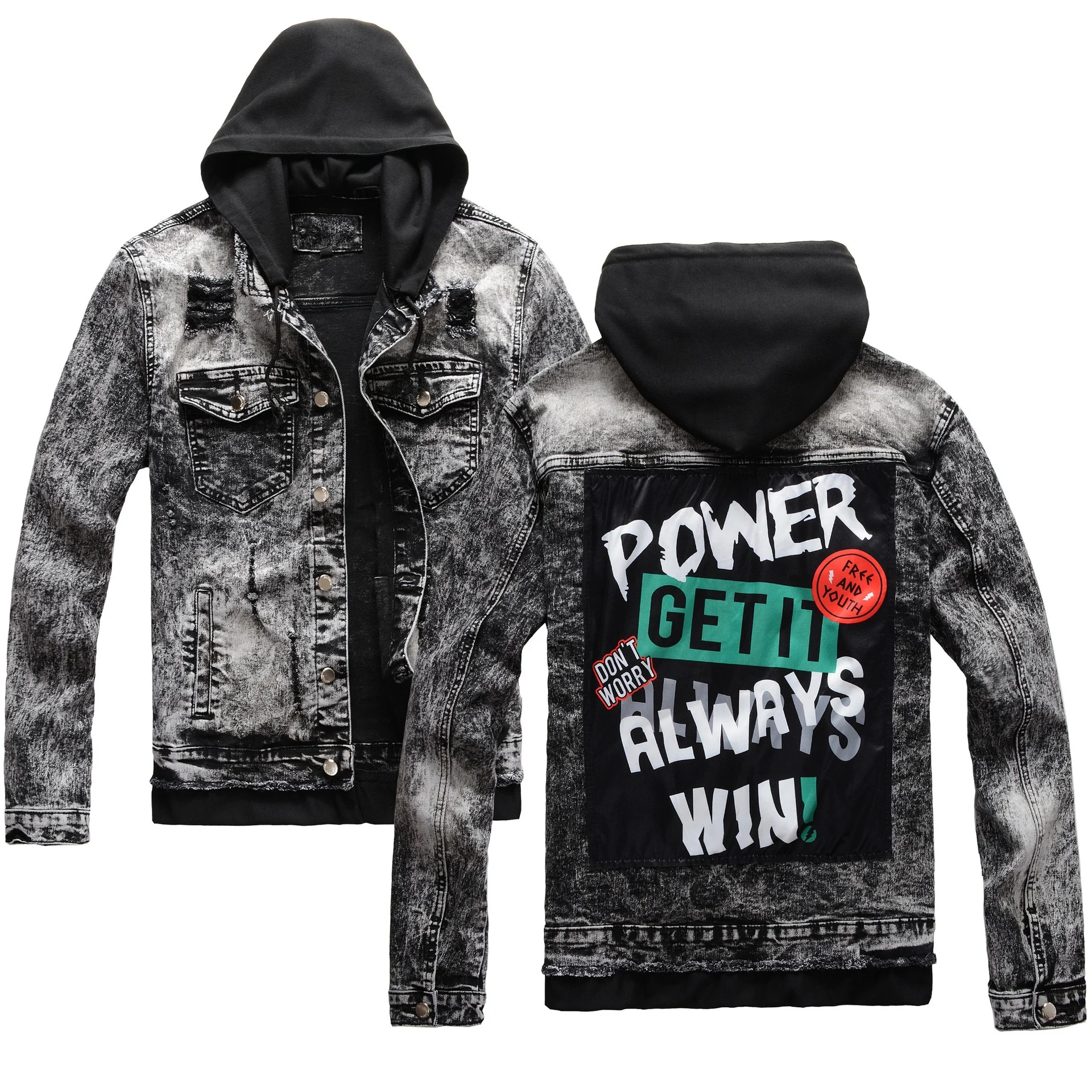 High Quality High Street Hooded Printed Denim Ripped Mens Jean Jackets 
High Quality High Street Hooded Printed Denim Ripped Mens Jean Jackets