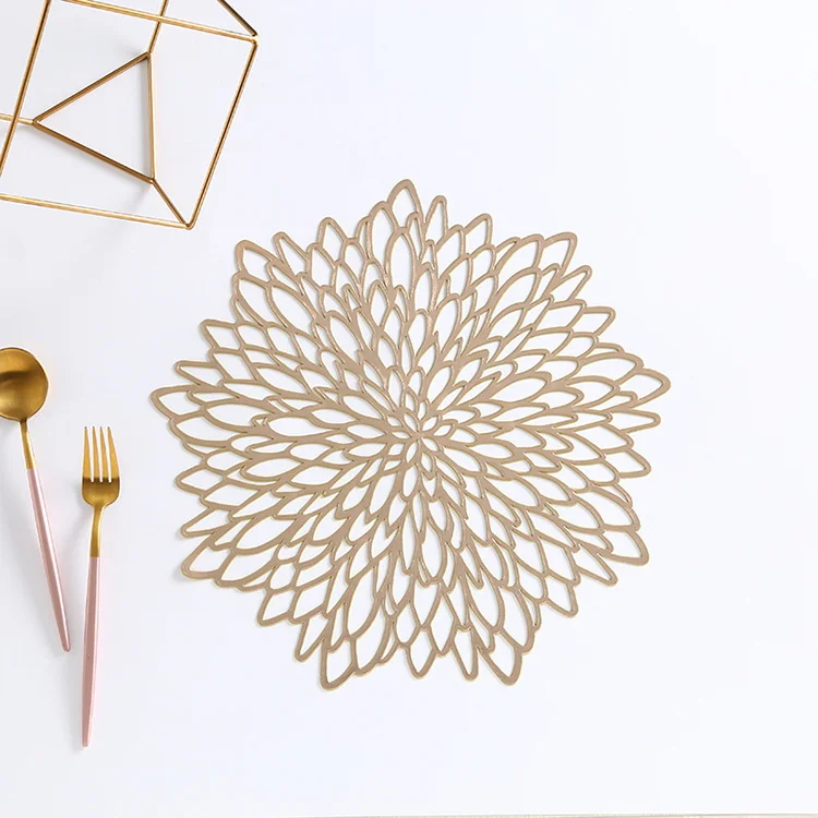 Flower Shape Luxury Hotel Gold Round Hollow Vinyl Dining Table Mat Placemats, Gold, silver
Flower Shape Luxury Hotel Gold Round Hollow Vinyl Dining Table Mat Placemats, Gold, silver