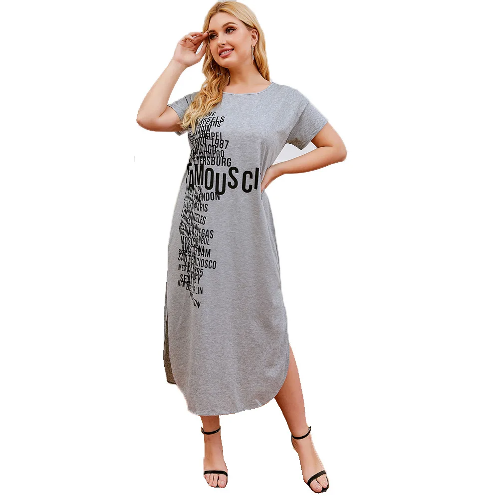 Short sleeve dress large size round neck simple sports skirt letter Print Elastic Fabric women's dress
Short sleeve dress large size round neck simple sports skirt letter Print Elastic Fabric women's dress