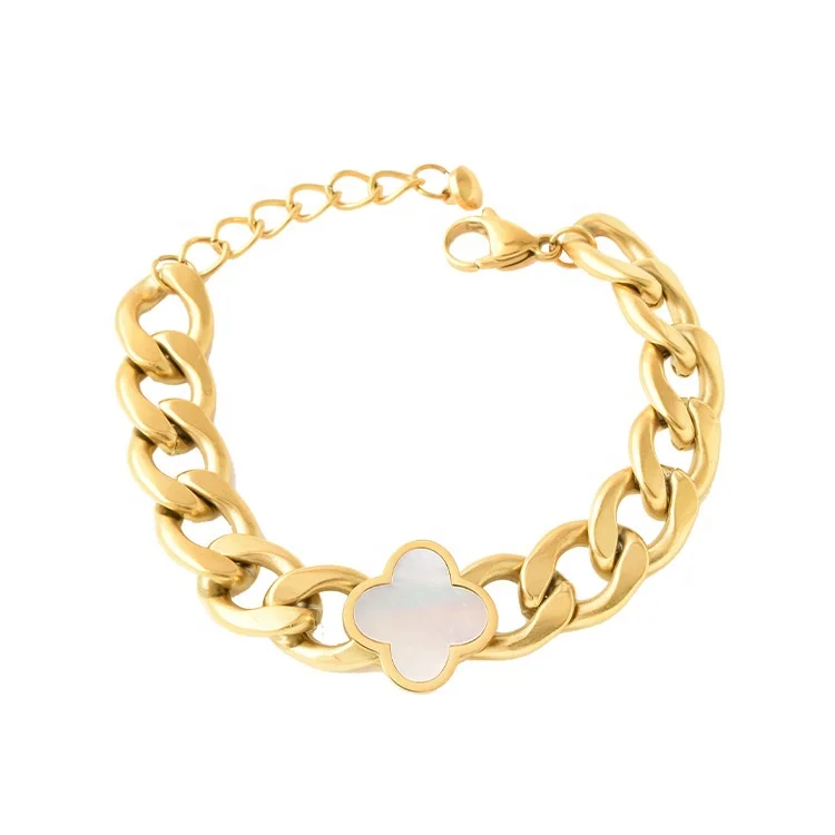 Wholesale No Rust Shell Clover Flower Bracelet Jewelry 18K Gold IP Plated Stainless steel Chunky Cuban Miami Chain Bracelets
Wholesale No Rust Shell Clover Flower Bracelet Jewelry 18K Gold IP Plated Stainless steel Chunky Cuban Miami Chain Bracelets