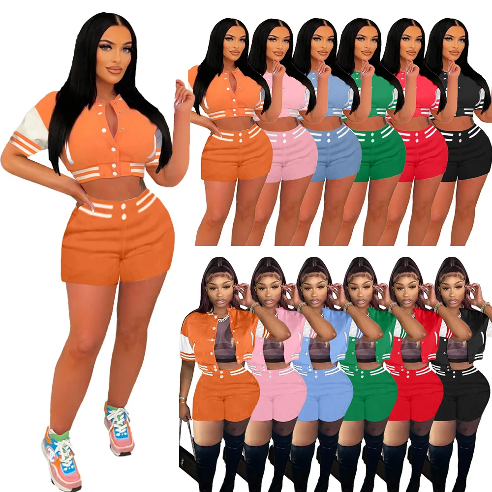 New Arrivals Crop Top Short Sleeve Patchwork Custom Logo Biker Shorts Sets Women's Jacket Sets Baseball Jacket, Picture color
New Arrivals Crop Top Short Sleeve Patchwork Custom Logo Biker Shorts Sets Women's Jacket Sets Baseball Jacket, Picture color