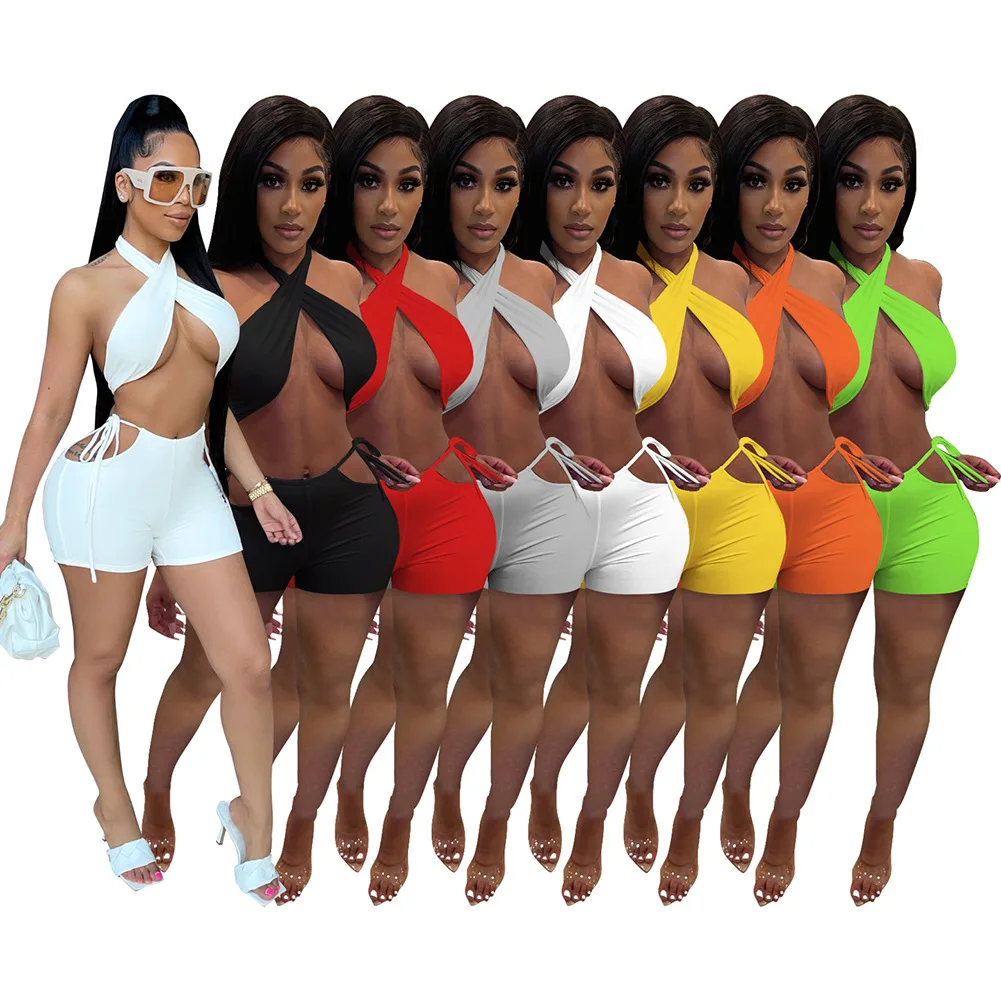 2021 summer women girls' sexy sleeveless cross vest chest wrapped shorts sports and leisure two piece set women's shorts set 
2021 summer women girls' sexy sleeveless cross vest chest wrapped shorts sports and leisure two piece set women's shorts set