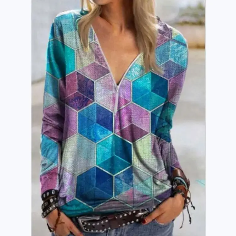 Wholesale Fashion Geometric Rubik'S Cube Printed V-Neck Zipper Women Top Long Sleeve Blouses Latest Design 2021
Wholesale Fashion Geometric Rubik'S Cube Printed V-Neck Zipper Women Top Long Sleeve Blouses Latest Design 2021