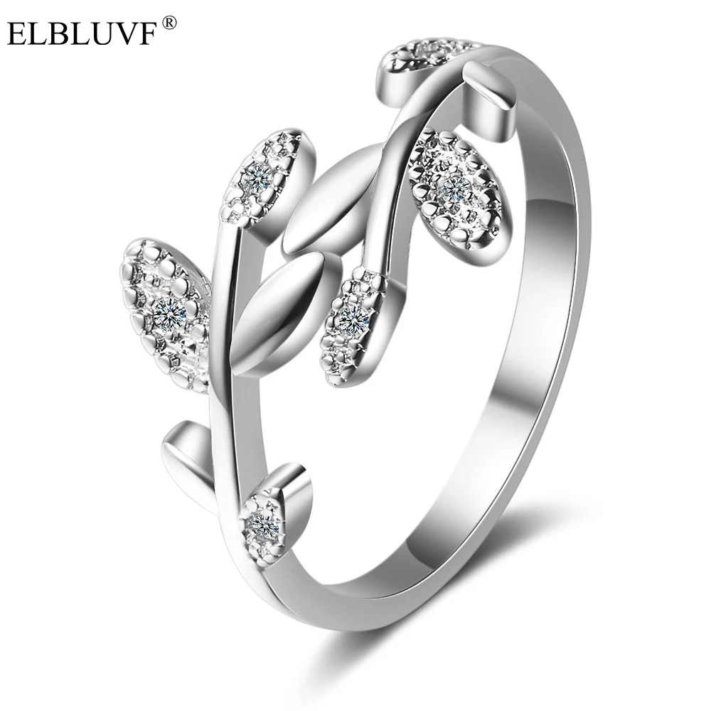 

ELBLUVF Free Shipping Korean Style Copper Alloy Jewelry Cubic Zircon 925 Silver Color Platinum Plated Leaf Branch Ring For Women, White gold
