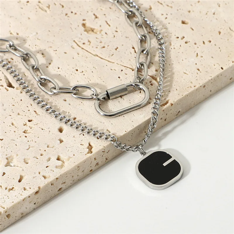 Gattara Wholesale Punk Jewelry Titanium Steel Double Layer Chain Buckle Necklace Black Epoxy Square Necklace, As picture
Gattara Wholesale Punk Jewelry Titanium Steel Double Layer Chain Buckle Necklace Black Epoxy Square Necklace, As picture