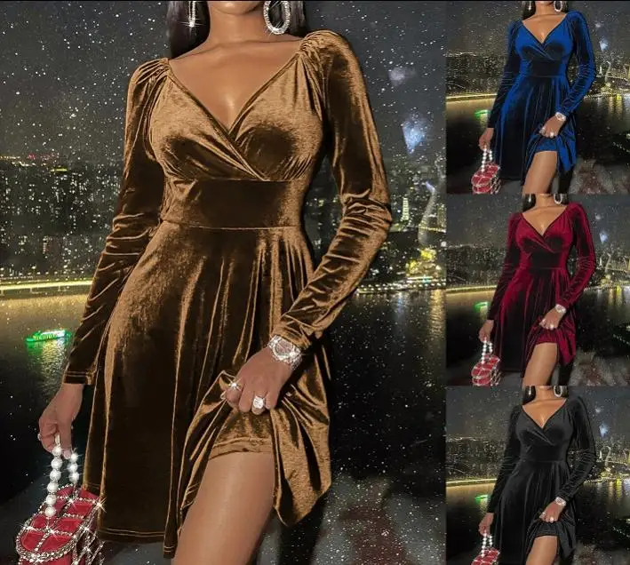hot selling female solid elegant sexy long sleeve V neck flared A line velvet winter dresses for ladies
hot selling female solid elegant sexy long sleeve V neck flared A line velvet winter dresses for ladies