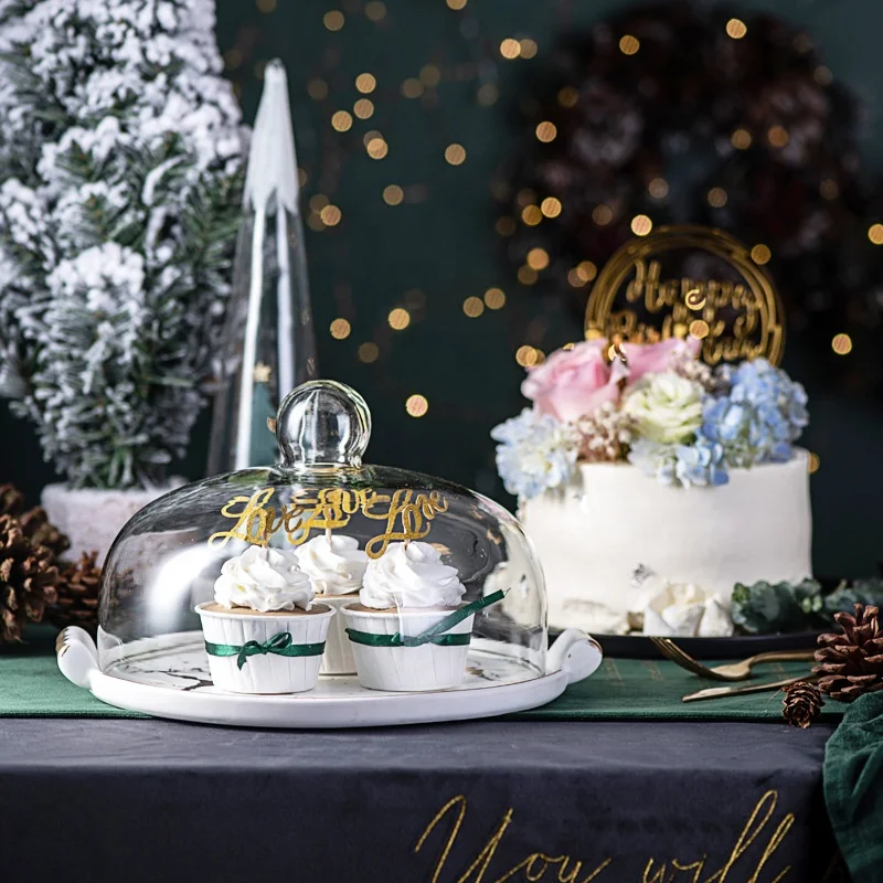 Creative marble ceramic pastry bread dessert plate double-ear tray with glass cover cake plate, As shown in figure
Creative marble ceramic pastry bread dessert plate double-ear tray with glass cover cake plate, As shown in figure