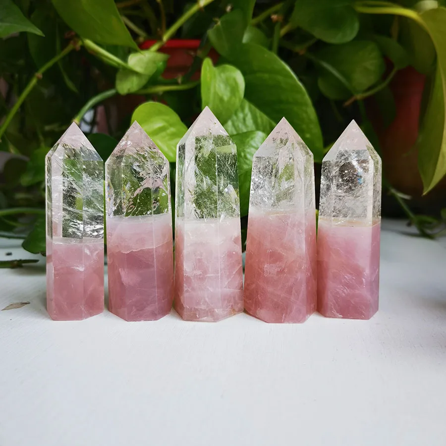 wholesale 80-160 g crystal tower point 6-11 cm Natural rose quartz and clear quartz combined tower
wholesale 80-160 g crystal tower point 6-11 cm Natural rose quartz and clear quartz combined tower