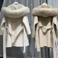 

High quality winter thicken double layer cashmere hooded long jacket 100% woolen coat women with detachable fox fur collar