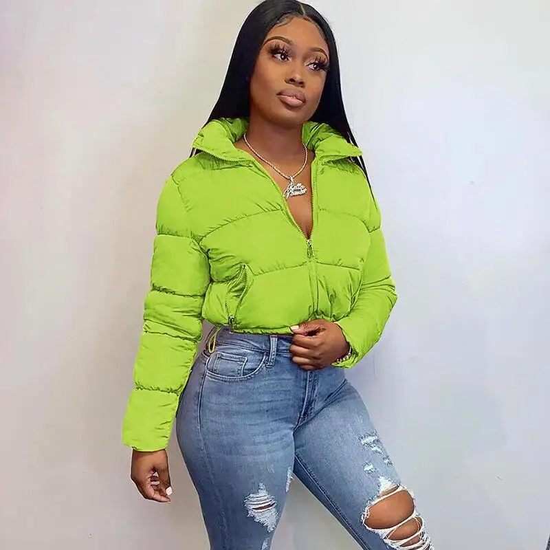 

2022 winter coat womens neon green shinny cropped long sleeve bubble winter coat puffer jacket for ladies