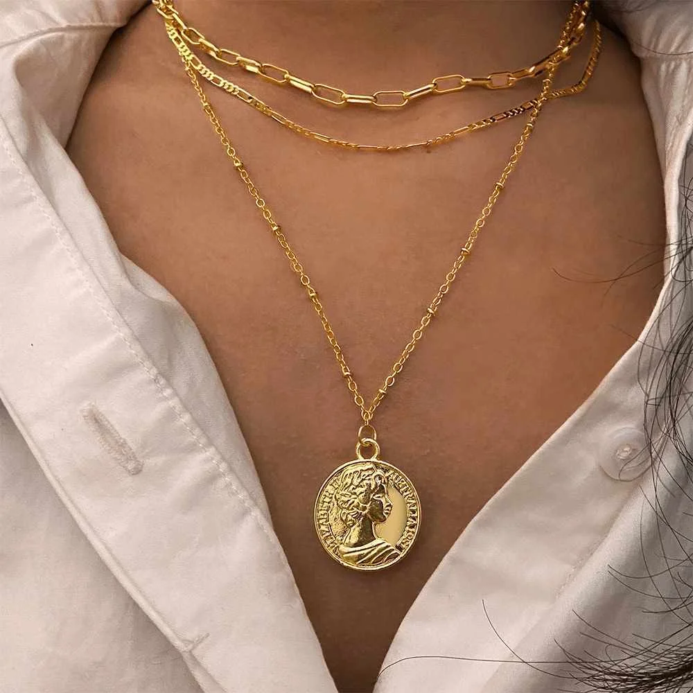 Factory Direct Sale layer Gold chain necklace Retro Portrait Coin Pendant Chain Necklace for Girls, Gold,silver
Factory Direct Sale layer Gold chain necklace Retro Portrait Coin Pendant Chain Necklace for Girls, Gold,silver