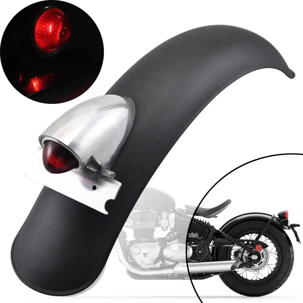 Black Motorcycle Metal Rear Fender Mudguard Fender w/ Chrome Moto Tail Brake Stop Light Vintage Style Fit for Harley BOB Bobber