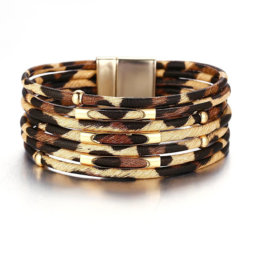 Fashion Multi Layer Leopard Leather Bracelet Metal Alloy Beads Bracelet Gold Color Magnetic Buckle Bangle (KB8247), As picture
Fashion Multi Layer Leopard Leather Bracelet Metal Alloy Beads Bracelet Gold Color Magnetic Buckle Bangle (KB8247), As picture