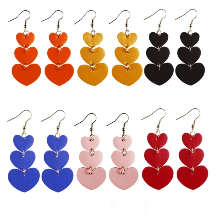 

New valentine's day 2020 hearts with 3 layers of heart-shaped leather pendant earrings