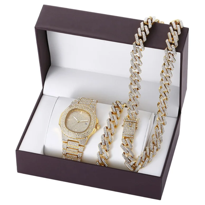 New Hip Hop 20mm Gold Plated Ice Out Full Diamond Rhinestones Watch 3PCS/SET Bracelet Necklace Quartz Watches Men's Jewelry Sets
New Hip Hop 20mm Gold Plated Ice Out Full Diamond Rhinestones Watch 3PCS/SET Bracelet Necklace Quartz Watches Men's Jewelry Sets