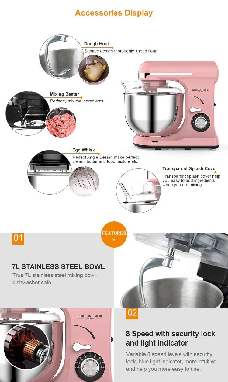 7 liter rotating stainless steel bowl commercial heavy duty food mixer