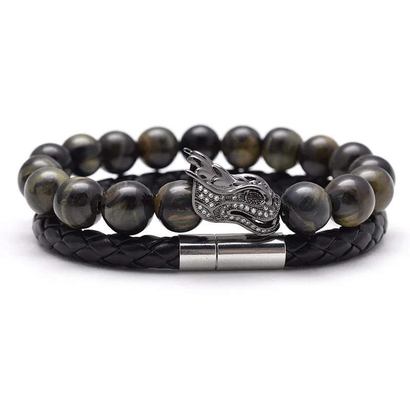 Mens Bracelet Blue Tiger Eye 8mm Natural Stone Beaded Bracelet Diamond Dragon Head Charm Bracelets Set w/ Leather Cuff Bangle, Black
Mens Bracelet Blue Tiger Eye 8mm Natural Stone Beaded Bracelet Diamond Dragon Head Charm Bracelets Set w/ Leather Cuff Bangle, Black