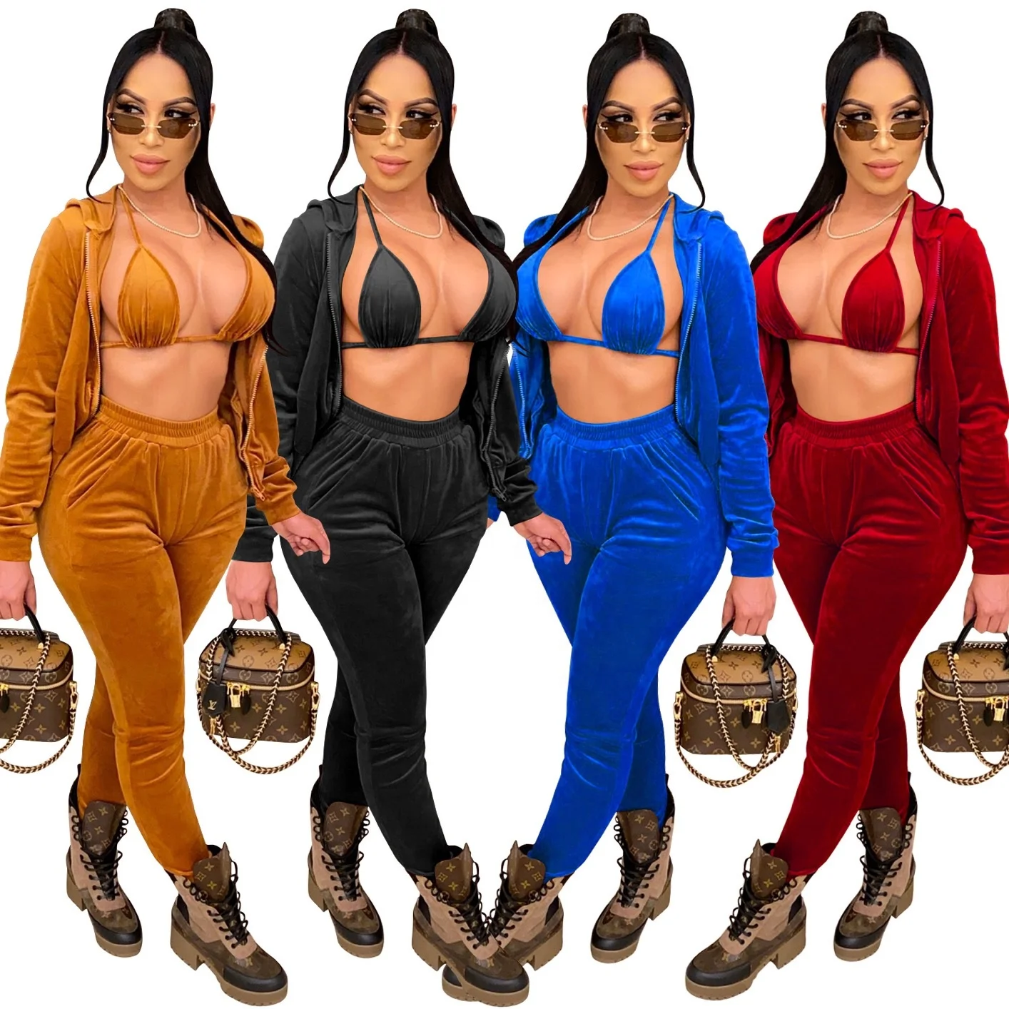 Wholesale Velour Sweatsuit Sexy Long Sleeve Velvet Hoodie Spring Clothes Tracksuit Jogger Set Women 3 Piece Set, 4 colors
Wholesale Velour Sweatsuit Sexy Long Sleeve Velvet Hoodie Spring Clothes Tracksuit Jogger Set Women 3 Piece Set, 4 colors