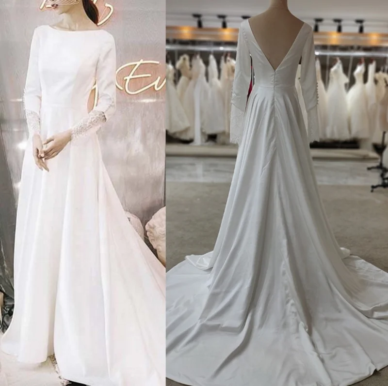 #3141 100% Real Photos Special Design Long Sleeve Satin Backless Ivory O-Neck A-Line Bridal Gown Wedding Dress
#3141 100% Real Photos Special Design Long Sleeve Satin Backless Ivory O-Neck A-Line Bridal Gown Wedding Dress