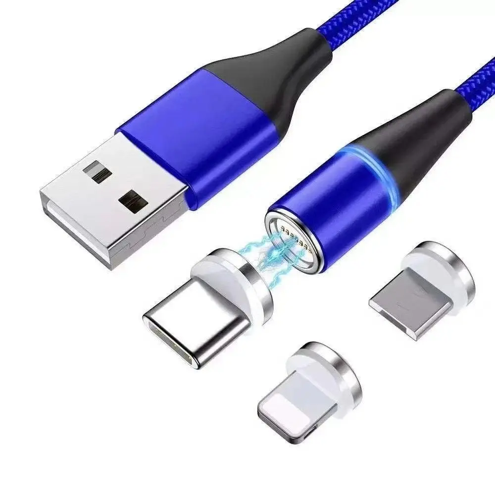

New 1m 2m 540 Angle Free Rotate Led 3 in 1 Usb Fast Magnetic Charging Cable for Mobile Phone 3A 5A fast charger cable, Black, red, blue, silver