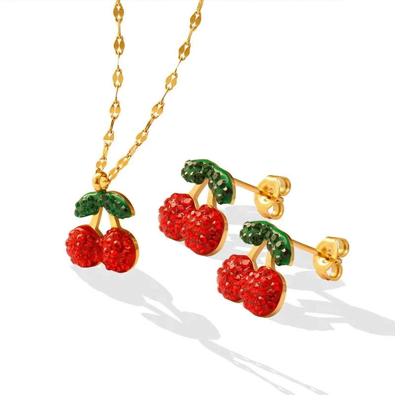 New Design Cute Cherry Pendant Stainless Steel Zircon 18K Gold Plated Ladies Sublimation Necklace Hoop Earrings Jewelry Set
New Design Cute Cherry Pendant Stainless Steel Zircon 18K Gold Plated Ladies Sublimation Necklace Hoop Earrings Jewelry Set