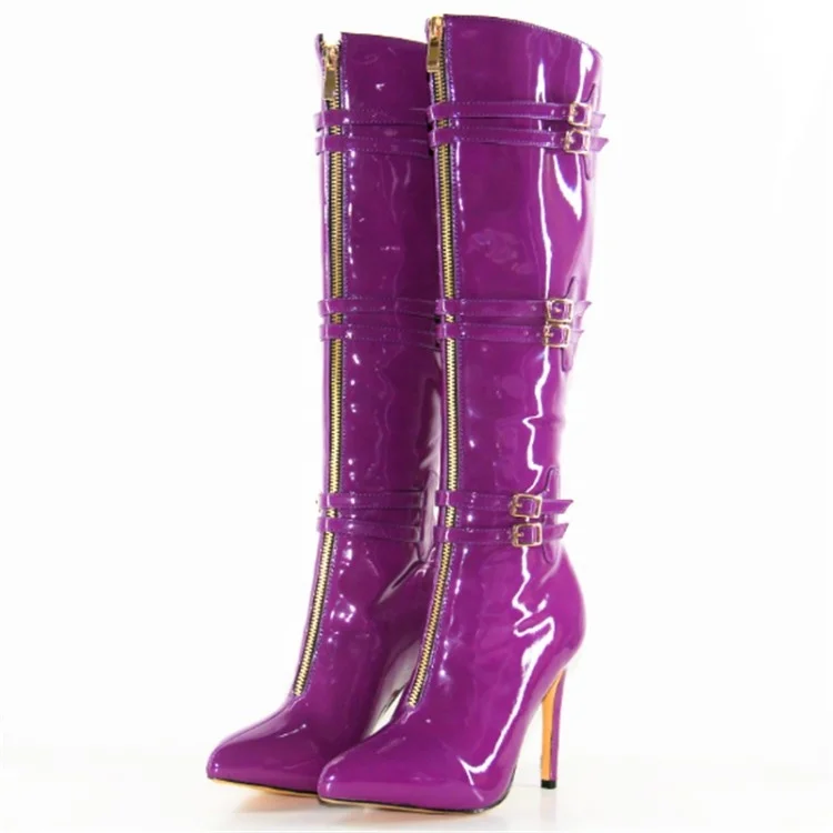 Women Purple Mirror Patent Leather Knee High Boots Stiletto High Heels Buckles Boots Front Zipper Long Boots for Lady Shoes, Purples
Women Purple Mirror Patent Leather Knee High Boots Stiletto High Heels Buckles Boots Front Zipper Long Boots for Lady Shoes, Purples