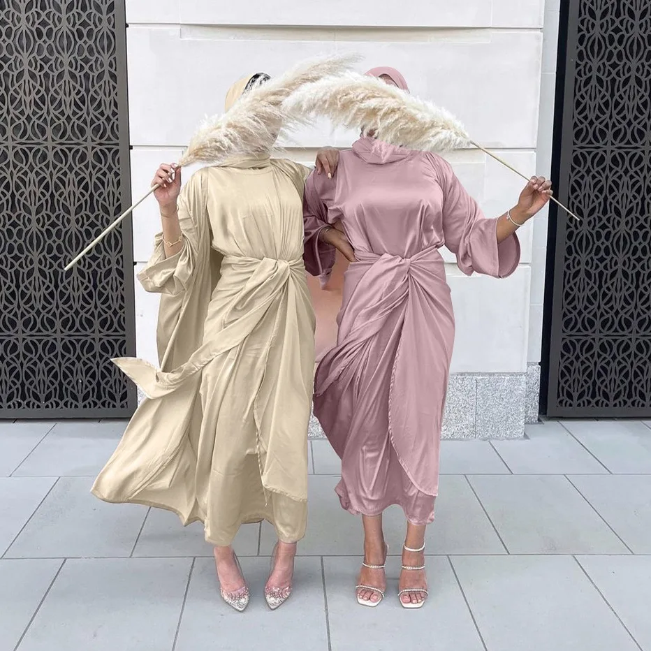 

Kaftan Abaya Kimono Satin Turkey Islam Arabic 3 Pieces Muslim Sets Robe Longue Femme Dubai Abayas for Women Hijab Dress Moroccan