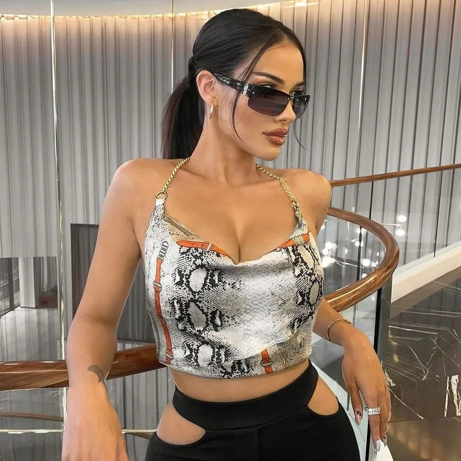 Trending 2021 Sexy Fashion Low Neck Snake Printed Sleeveless Night Club Loose Summer Camisoles Chain Halter Tank Top Crop Tops, Gray
Trending 2021 Sexy Fashion Low Neck Snake Printed Sleeveless Night Club Loose Summer Camisoles Chain Halter Tank Top Crop Tops, Gray