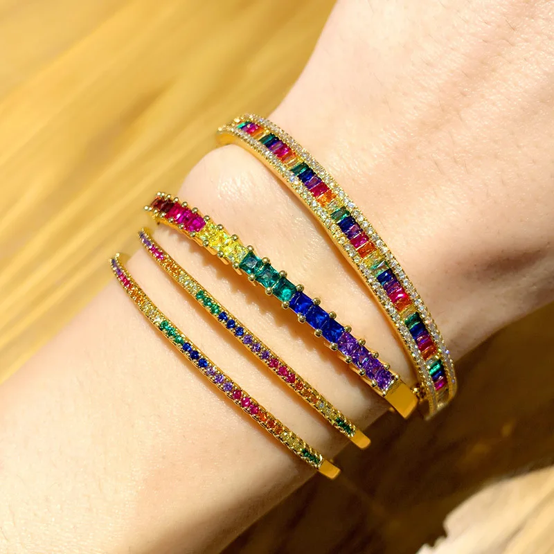 Gold Plated Cubic Zirconia Luxury Jewelry Multicolor Gemstone Rainbow CZ Baguette Tennis Bangle Bracelet, Gold, silver
Gold Plated Cubic Zirconia Luxury Jewelry Multicolor Gemstone Rainbow CZ Baguette Tennis Bangle Bracelet, Gold, silver