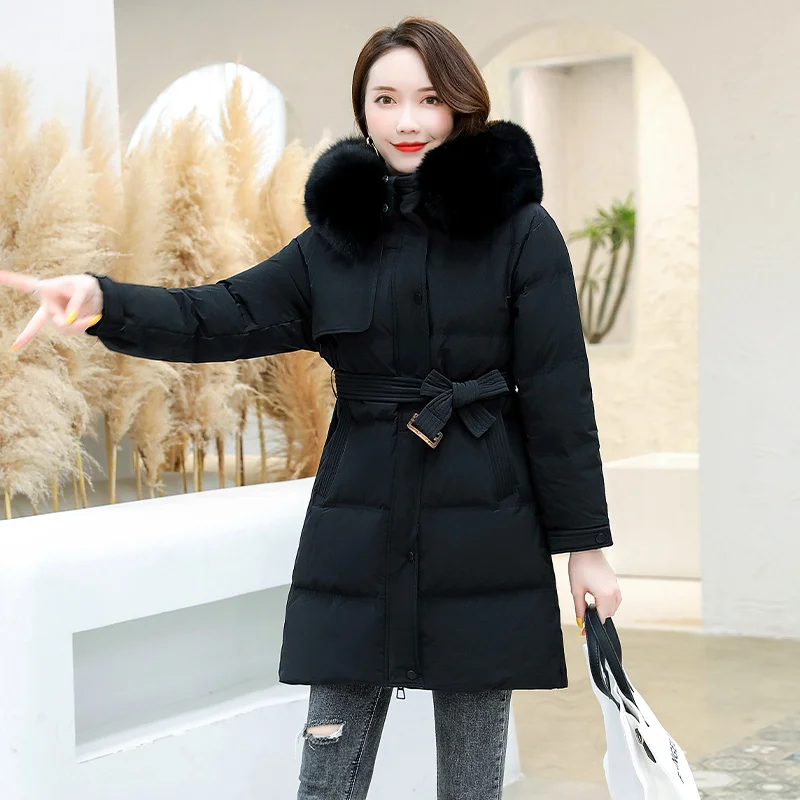 2021 Black Fur Hood Slim Midi Goose Down Padded Women's Down Jackets With Belt, Black, yellow, pink, customized
2021 Black Fur Hood Slim Midi Goose Down Padded Women's Down Jackets With Belt, Black, yellow, pink, customized