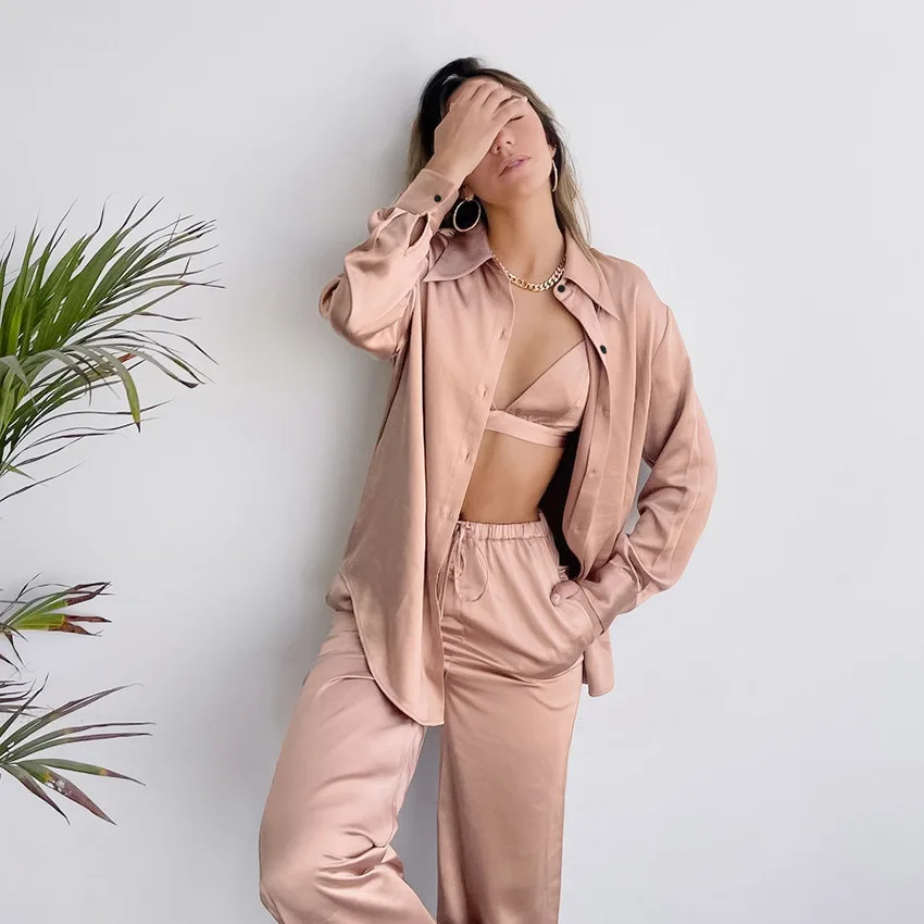 High Fashion Shimmery 3 in 1 Pack Lounge Wear Set Bra + Shirt Dress + Pants Leisure Comfy Women Sleepwear, Rose, yellow, blue, or other custom colors
High Fashion Shimmery 3 in 1 Pack Lounge Wear Set Bra + Shirt Dress + Pants Leisure Comfy Women Sleepwear, Rose, yellow, blue, or other custom colors