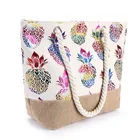 Wholesale Gold Stamped Printed Canvas Beach Bag Pineapple Design Large Jute Tote Bag Gift Cotton Shopping Bag With Zipper