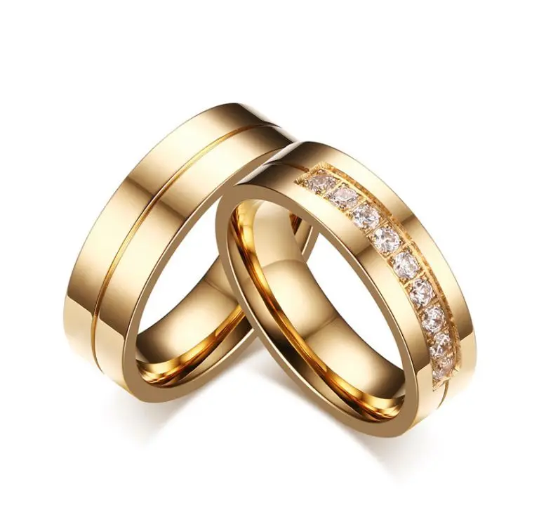Simplicity Wedding Rings Gold Plated Stainless Steel Ring Inlay Zircon Couple Engagement Ring, Gold color
Simplicity Wedding Rings Gold Plated Stainless Steel Ring Inlay Zircon Couple Engagement Ring, Gold color