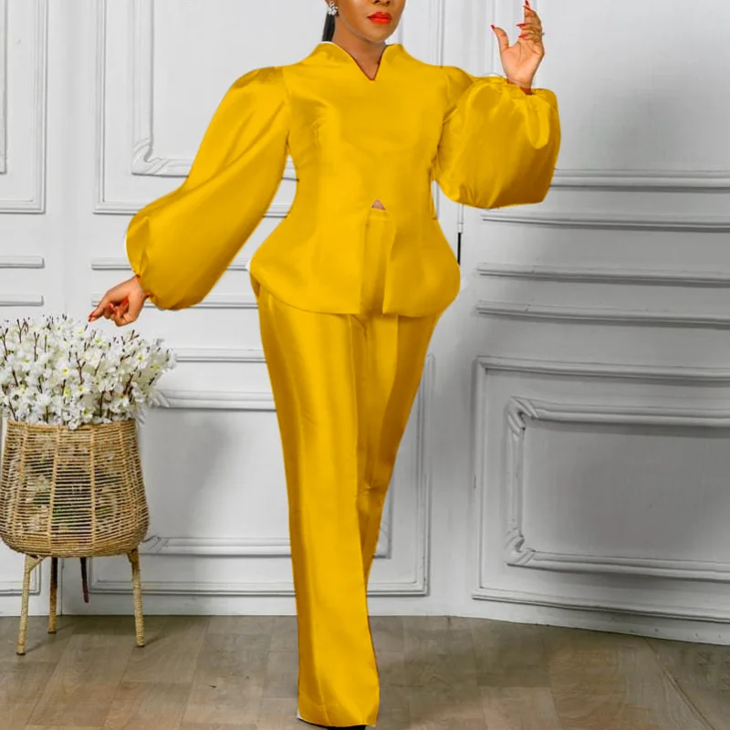 Autumn Long Lantern Sleeves Wide Leg Pants Elegant Office Women Two Pieces Set, Yellow red
Autumn Long Lantern Sleeves Wide Leg Pants Elegant Office Women Two Pieces Set, Yellow red
