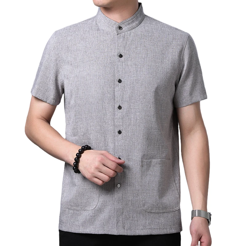 

Latest Design Men Chinese Style Ethnic Mandarin Collar Short Sleeve Shirts With Two Pocket