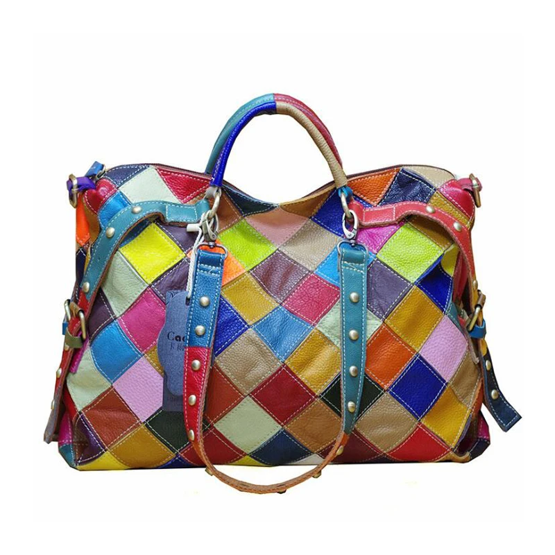 Colorful Personality Genuine Leather Big Tote Women Patch Handbags 
Colorful Personality Genuine Leather Big Tote Women Patch Handbags
