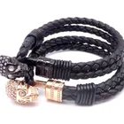 Fashion Wholesale Skull Head Cubic Zirconia Stainless Steel Jewelry Personalized Leather Bracelets For Men