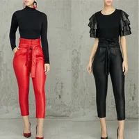 

Women's Fashion Ol Frills High Waist Sashes Ankle-Length Pants Belted Pocket Design Skinny PU Pencil Pants