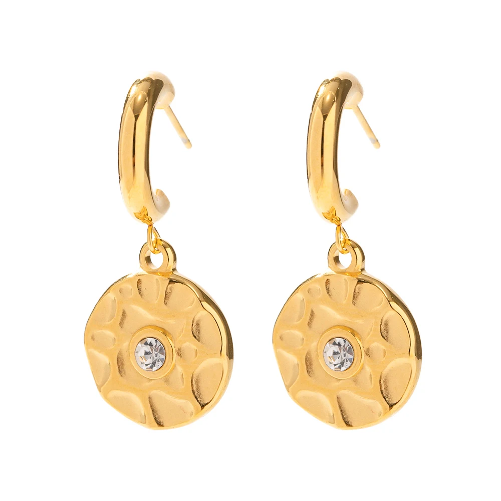 Stainless Steel 18K Gold Plate Earrings Jewelry Round Pendant Cubic Zirconia Drop Texture Earrings for Women
Stainless Steel 18K Gold Plate Earrings Jewelry Round Pendant Cubic Zirconia Drop Texture Earrings for Women