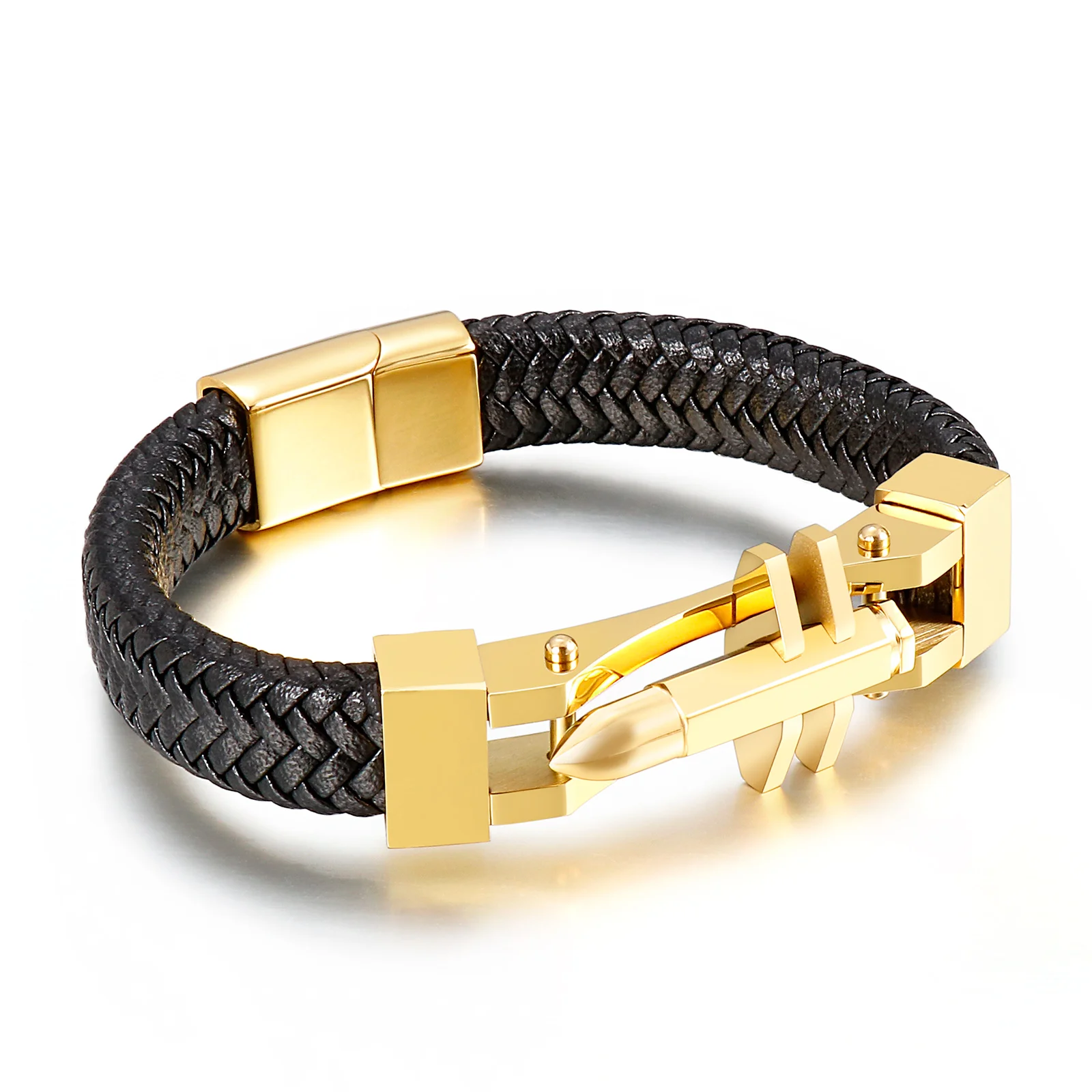KALEN Genuine Men Bracelets Leather And Stainless Steel Bullet Bracelets, Black and gold
KALEN Genuine Men Bracelets Leather And Stainless Steel Bullet Bracelets, Black and gold