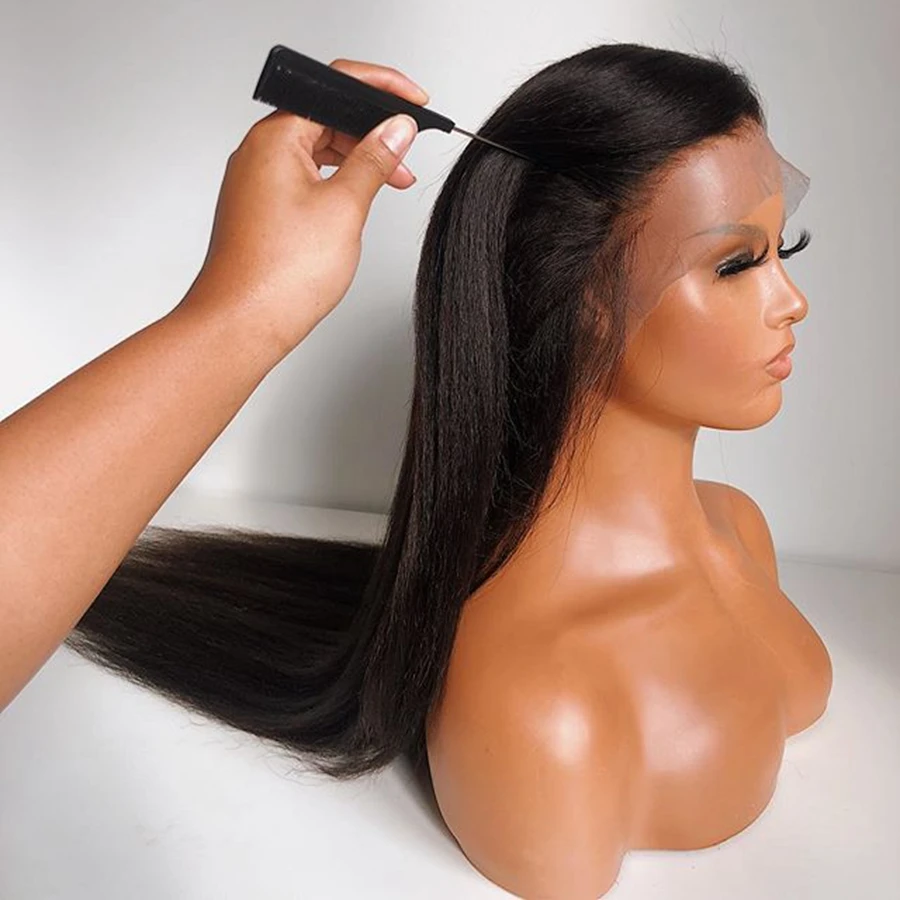 Italian Yaki Straight Human Hair Lace Front Wigs With Pre Plucked