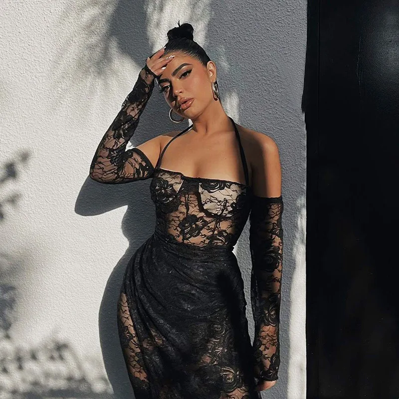 Fashion halter neck dress 2022 spring autumn sexy see through dress rose lace dress for women, As picture
Fashion halter neck dress 2022 spring autumn sexy see through dress rose lace dress for women, As picture