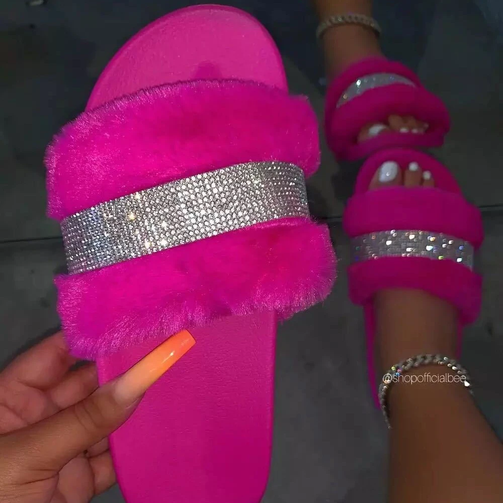 New 2021 hot Summer Pink rhinestone Large size floppy Thick sole Fur slippers women, 5 corlors
New 2021 hot Summer Pink rhinestone Large size floppy Thick sole Fur slippers women, 5 corlors