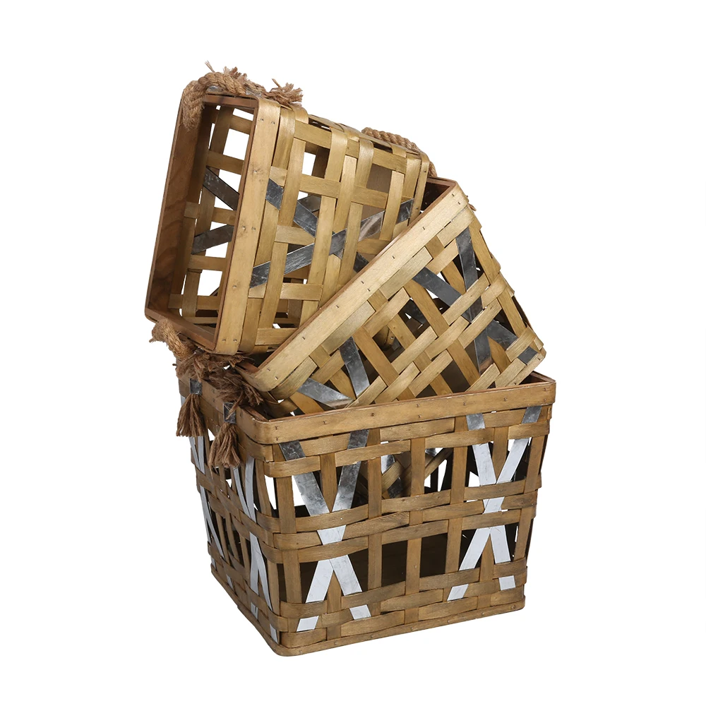 New designer hollow out wooden woven basket box set poplar wood chip baskets with handle for household, Customized color
New designer hollow out wooden woven basket box set poplar wood chip baskets with handle for household, Customized color