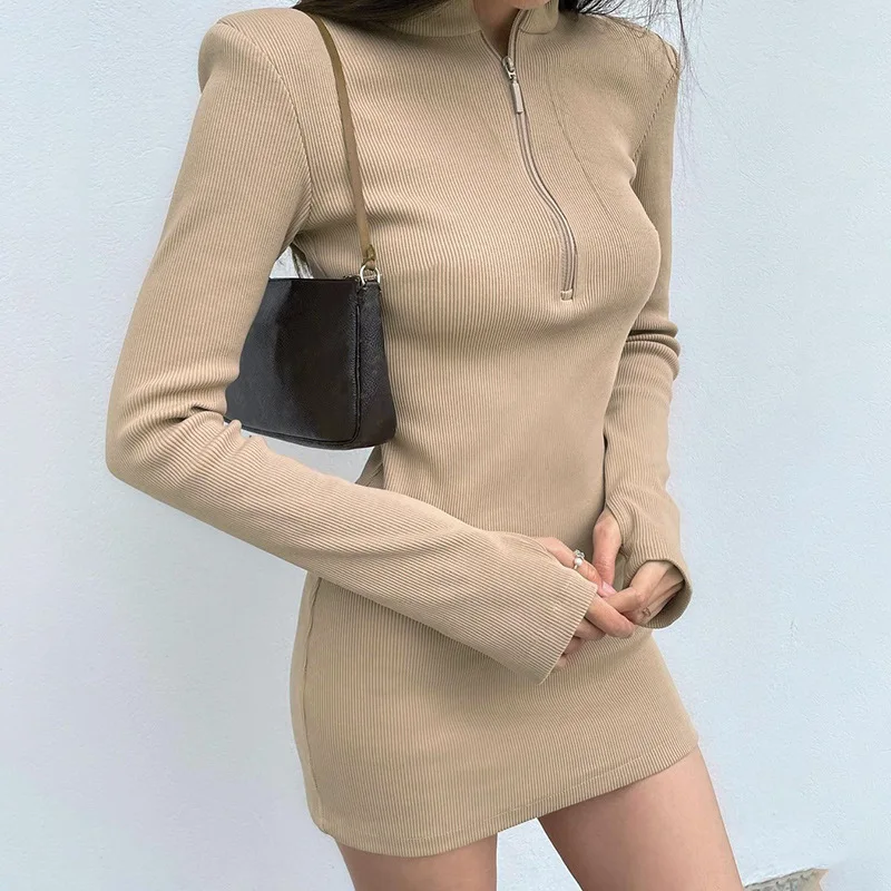 High neck zipper long sleeve finger holes casual dresses zipper rib dress for women, Blue
High neck zipper long sleeve finger holes casual dresses zipper rib dress for women, Blue