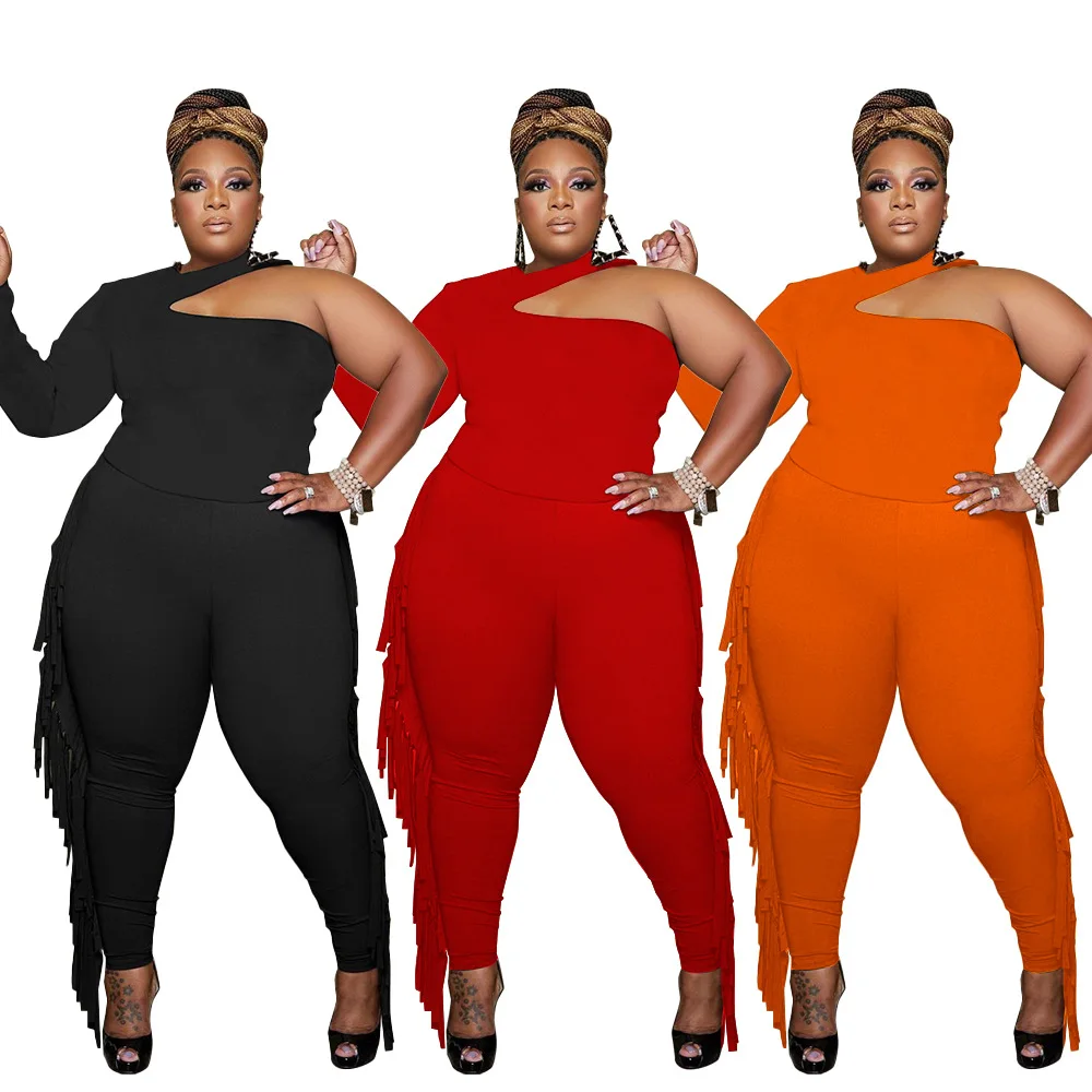 New 5xl Plus Size Solid color Casual 2 piece sets fall one shoulder long sleeve t-shirt Tassel pant fat women 2 piece sets, As picture or customized make
New 5xl Plus Size Solid color Casual 2 piece sets fall one shoulder long sleeve t-shirt Tassel pant fat women 2 piece sets, As picture or customized make