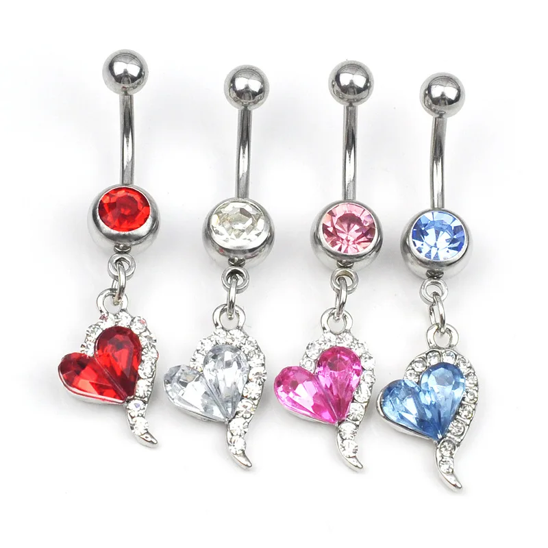 

NUORO Belly Bar Button Ring Body Piercing Red Zircon Crystal Heart Dangle Barbells Navel Body Piercing Belly Ring